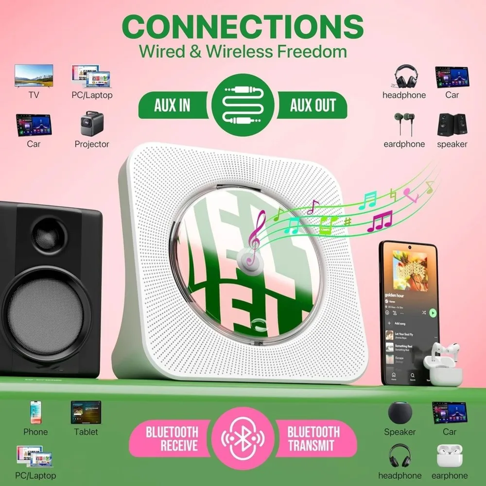B16C-EU Plug, Hi-Fi Speakers, Portable CD Player With Bluetooth, FM Radio& Bluetooth Transmitter& Receiver, Hi-Fi Stereo Sound