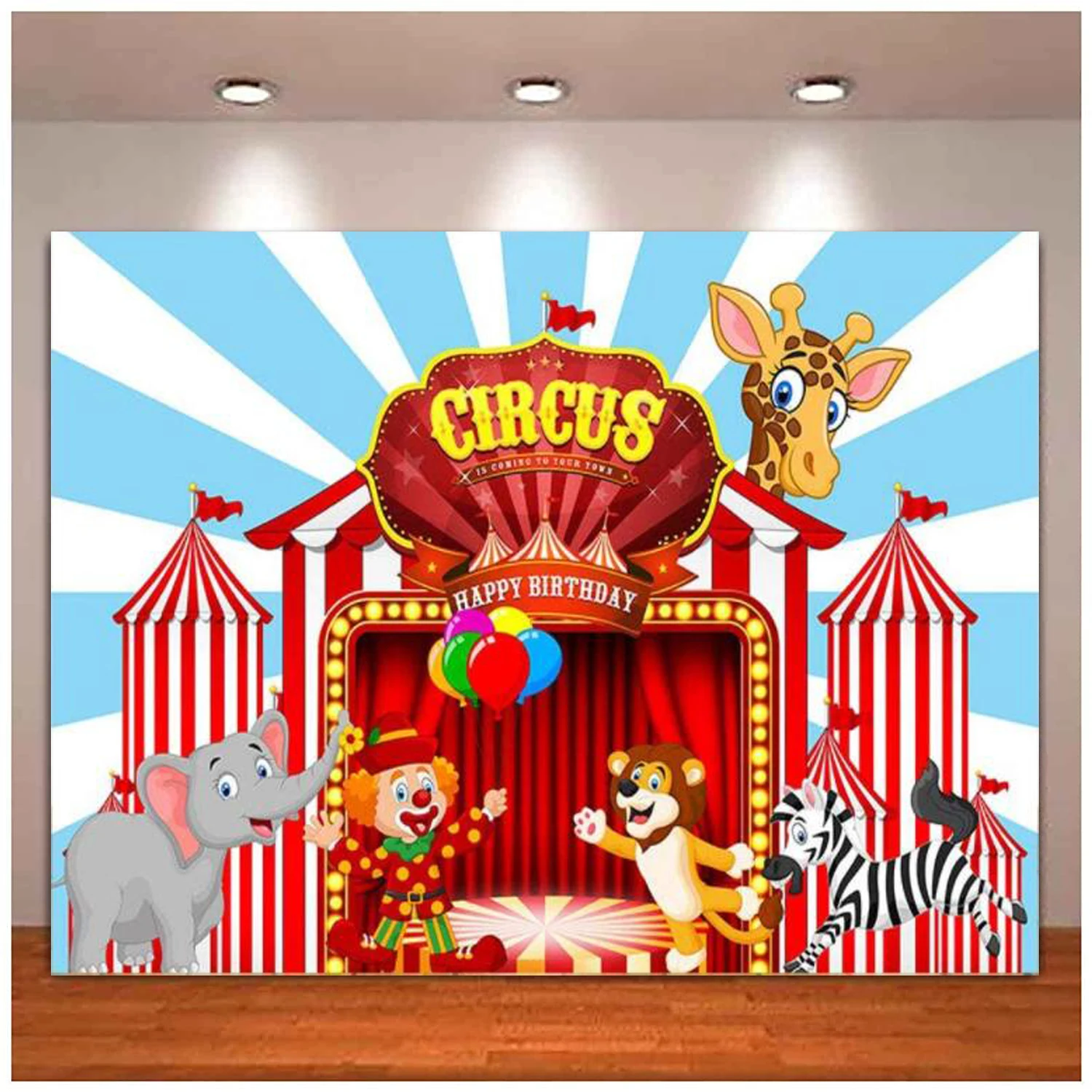 Photo Studio Booth Background Red Stripes Animals Circus Carnival Kids Happy Birthday Party Decor Photography Backdrop Banner
