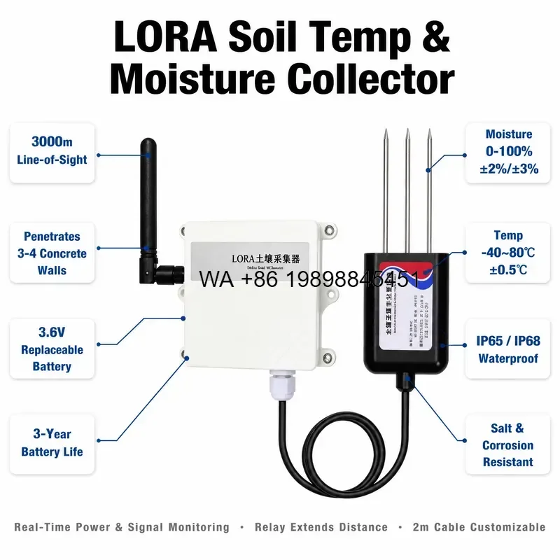 Wmwmnu Wireless Soil Temperature Moisture Sensor for Agriculture Greenhouse Farmland Monitoring LORA 3000m Range 3 Year