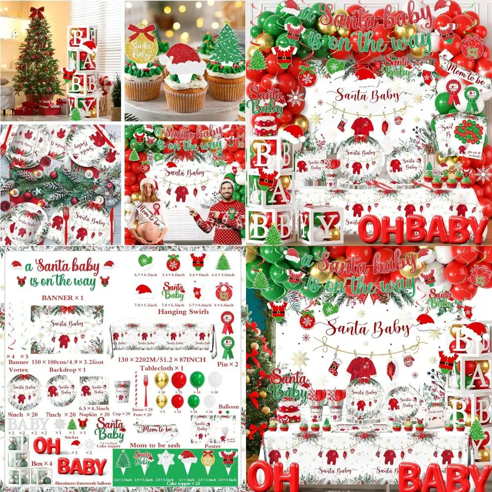 

Santa Baby Shower Kit: 279pc Christmas Plates, Napkins, Cups, Banners, Tablecloth, Cake Topper, Balloons