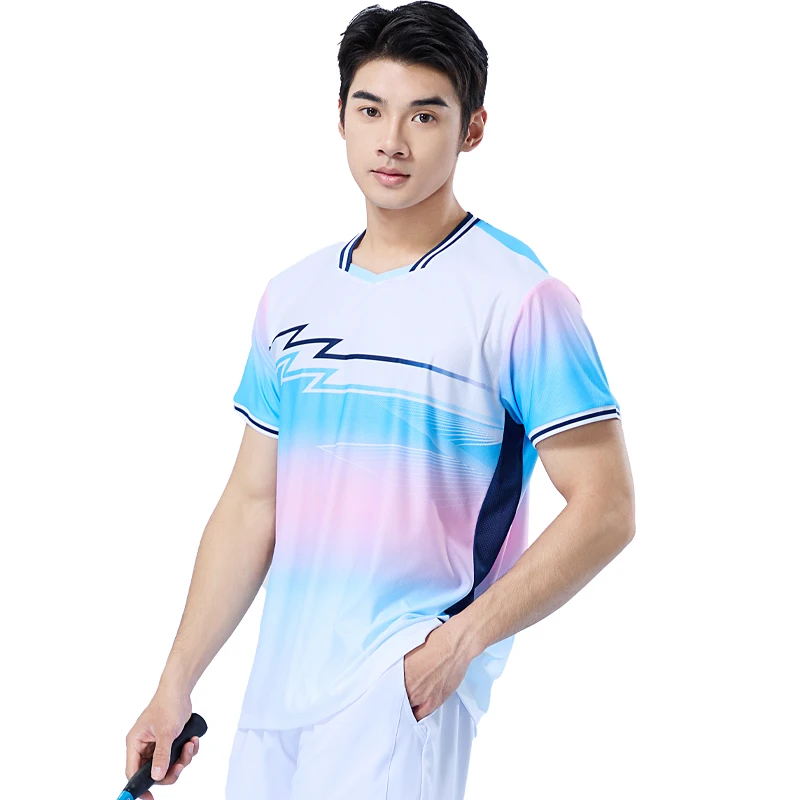 Fashion Sports Badminton Shirts Men Running Outdoor 3D Print Table Tennis Training Short Sleeves Quick Drying V Neck Jersey