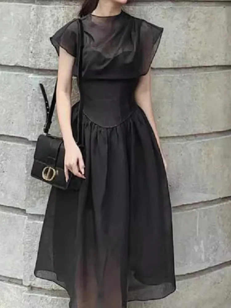 UCXQ Elegant Evening Dress European Style O Neck Pleated Sheer Sleeveless Fashion Black Dresses Women 2024 New Spring Summer 863