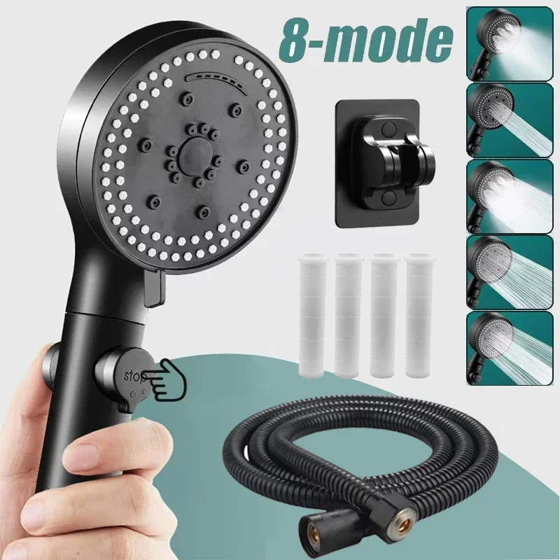 8 Modes High-Pressure Shower Head Set Fall Resistance Black Handheld Shower Head Water Saving Bathroom Shower Accessories
