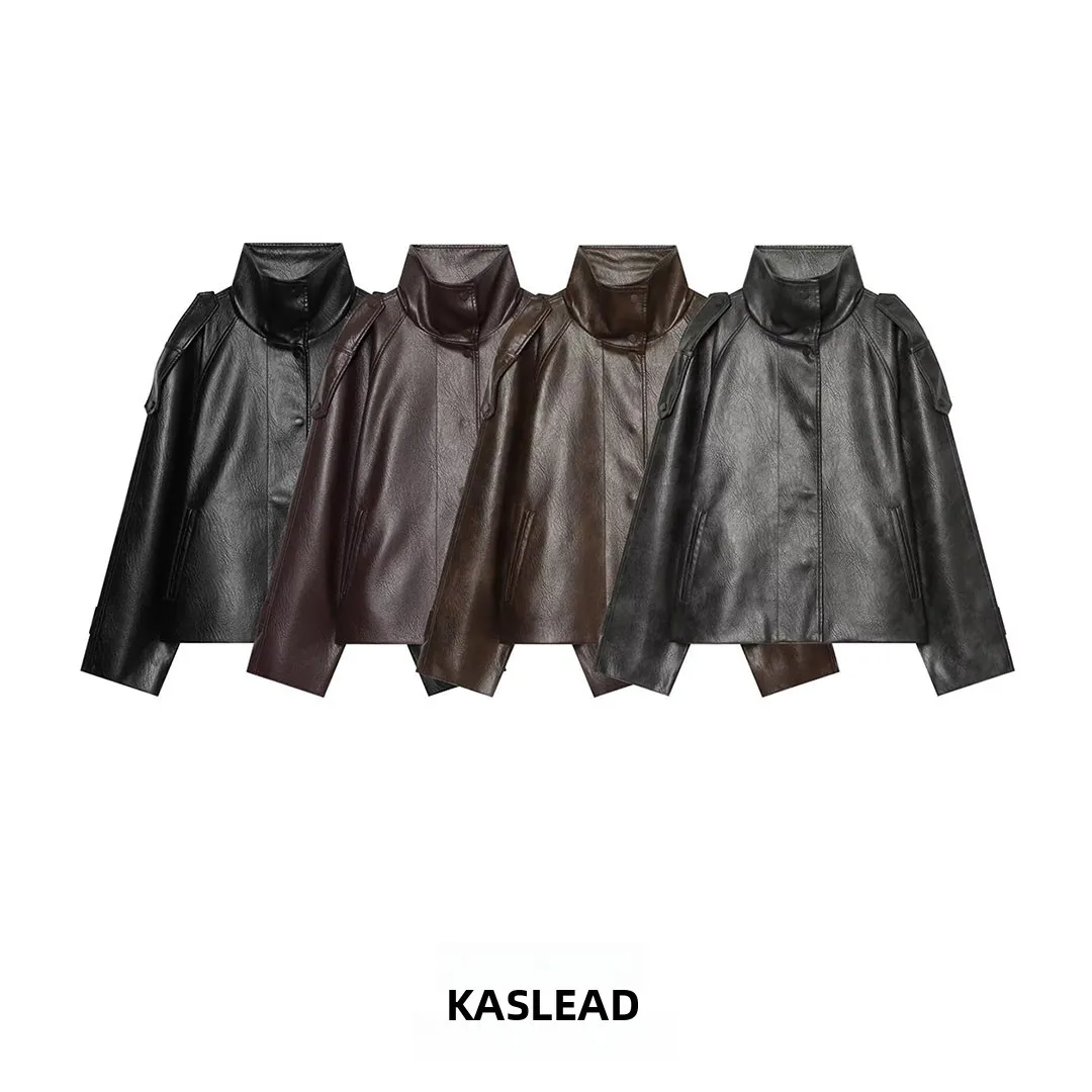 KASLEAD New Women's Fashion High-End PU Washed Leather Jacket Versatile Short Style Long Sleeve Polyester Fiber 100%