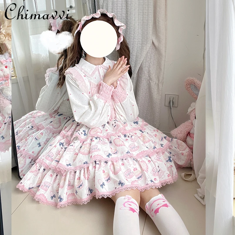 

Autumn 2025 New Sweet Girl Cute Three-Section Strap Dress for Women Kawaii Cartoon Print Princess Lolita JSK Dresses