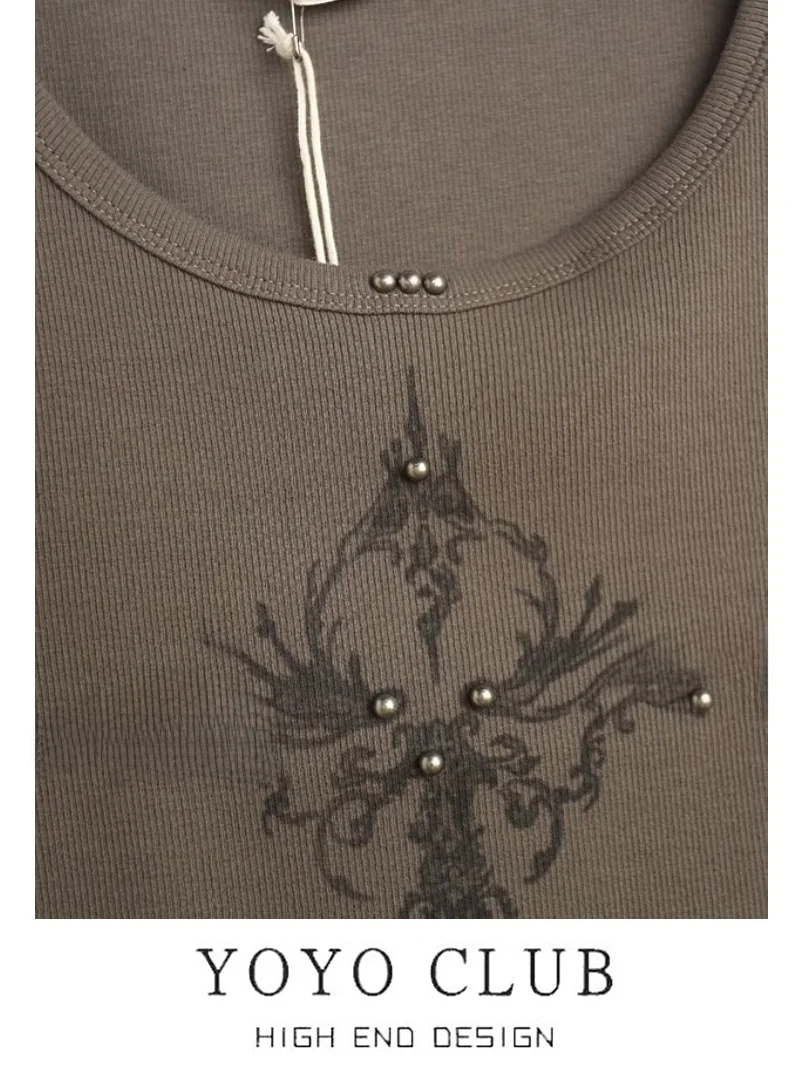 YOYO CLUB American Sle Retro Hot Girl ort Sve round Ne Vest Brand Bule Summer Clothing Cotton Polyester Print Design