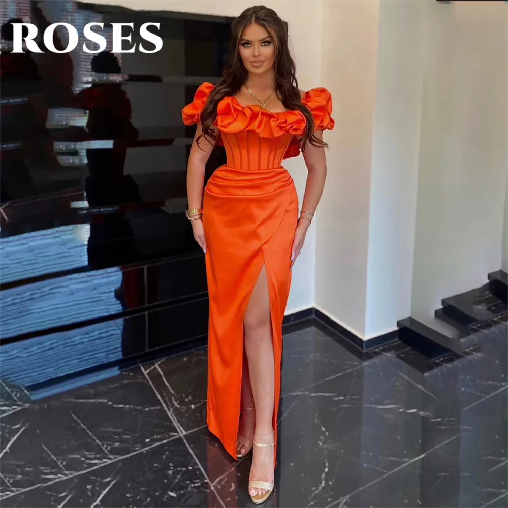 ROSES Simple Orange Party Dress Off The Shoulder Short Sleeves Mermaid 프롬드레스 Wrap Hips Prom Dress Sweep Train Evening Dresses