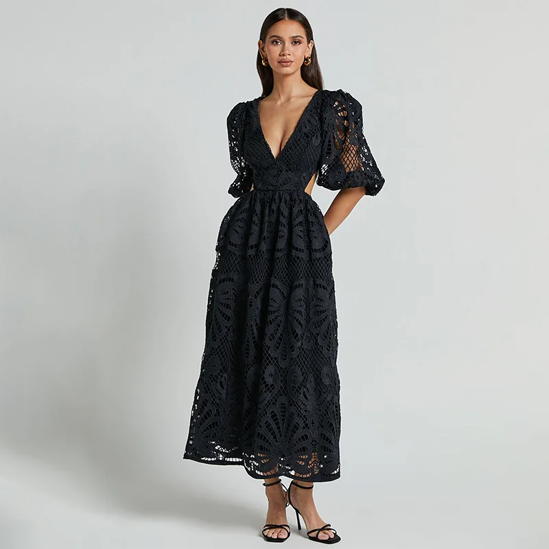 

Sexy Hollow Out Long Dress 2025 Summer Deep V-neck Lace Flower Pleated A-Line Dress Women's Clothing European American Dress