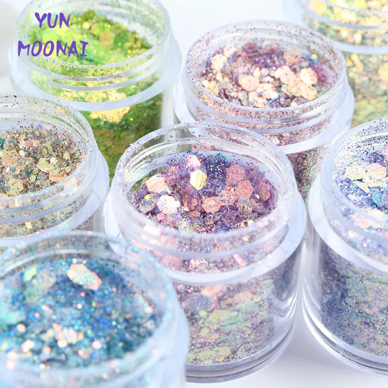 YunMooNai 10ml New Mixed Epoxy Resin Hexagon Glitter Powder Holographic Loose Sequins Flake for Nail Decoration Accessories