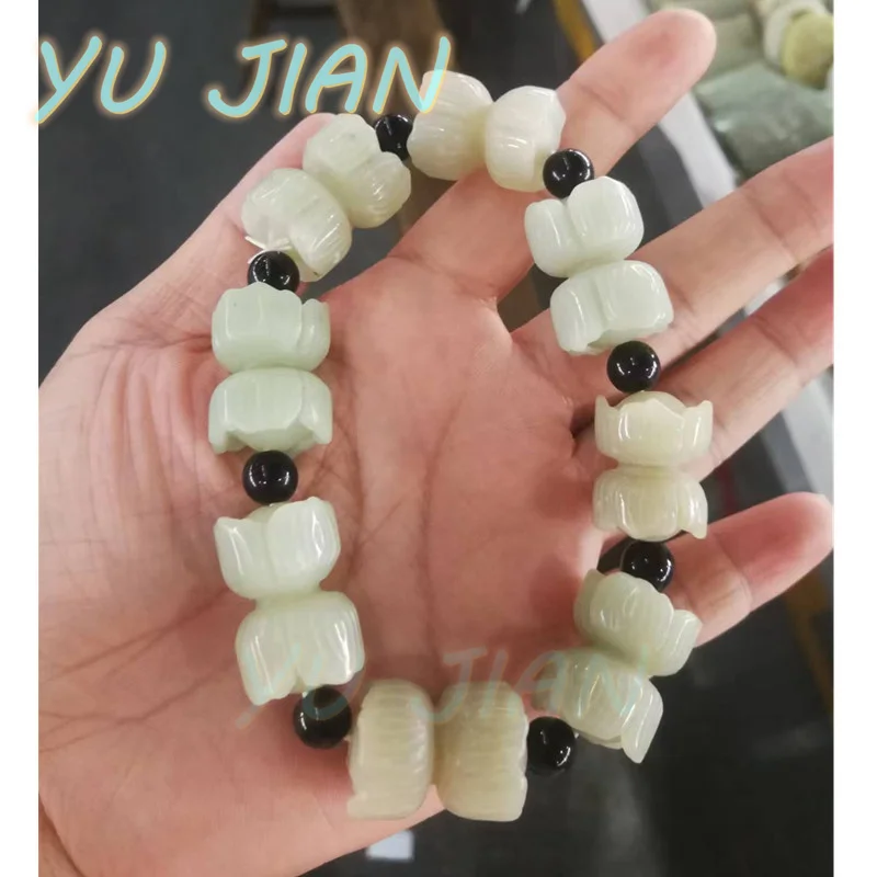 

Bracelet Natural Hetian Jade Pure Handwork Carved Lotus Flower Pure-Beautiful High Precious Pearl String Bangle Handring Jewelry