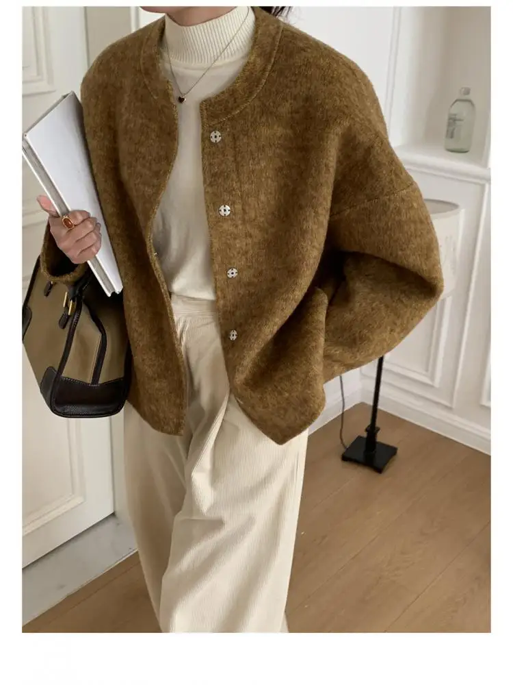 Office Lady Woolen Camel Hair Jackets 2024 Autumn And Winter O-Neck Single Breasted Loose Casual Women\'s Short Wool Coats