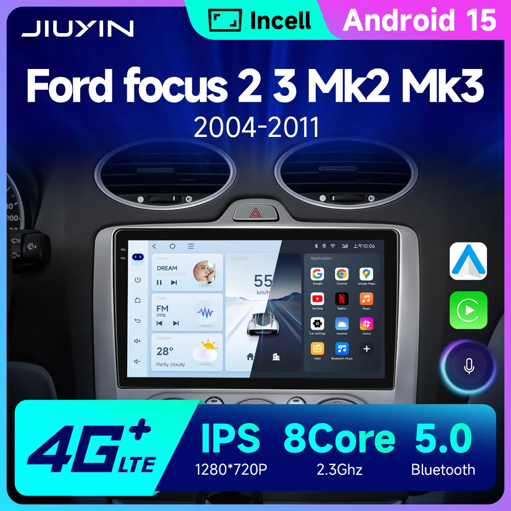 

JIUYIN Carplay 4G AI Systems Android 15, автомобильное радио для Ford focus Exi 2004-2010, мультимедийный видеоплеер, GPS, 2 Din, авторадио