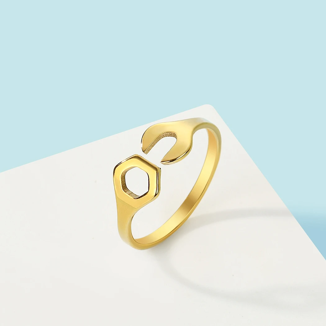 QIAMNI Personality Creative Wrench-Shaped Finger Ring for Women Fashion Funny Men's Hip-Hop Rock Accessories Gift Biker Jewelry