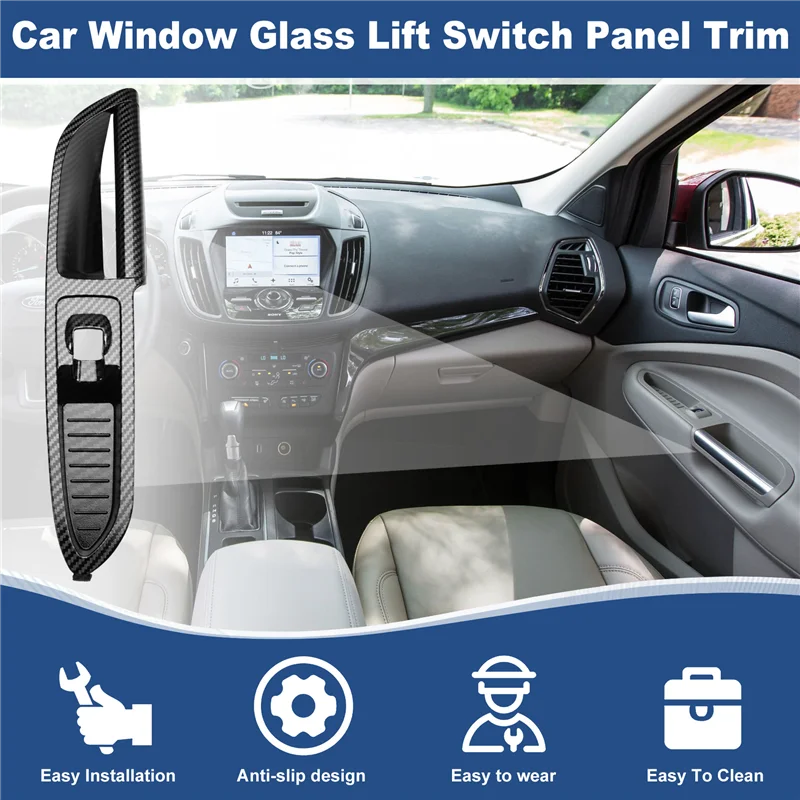 

A77T-Car Front Door Window Glass Lift Switch Panel Trim Cover For Ford Escape C-MAX 2013-2018 ABS Carbon Fibre Bezel