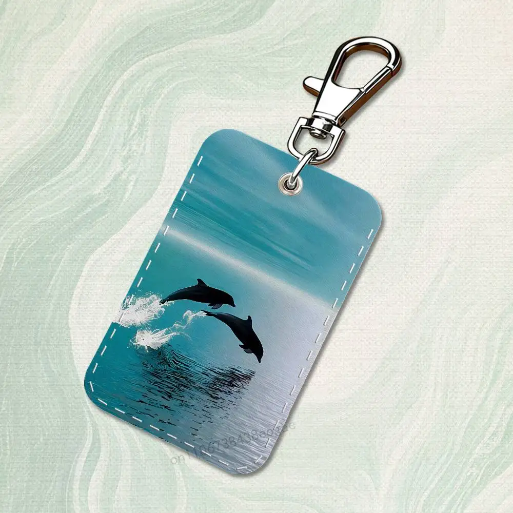 Maldives Scenery Art Rectangle Card Case Keychain Access Card Bag Key Tag Ring Leather Card Holder Key Ring Access