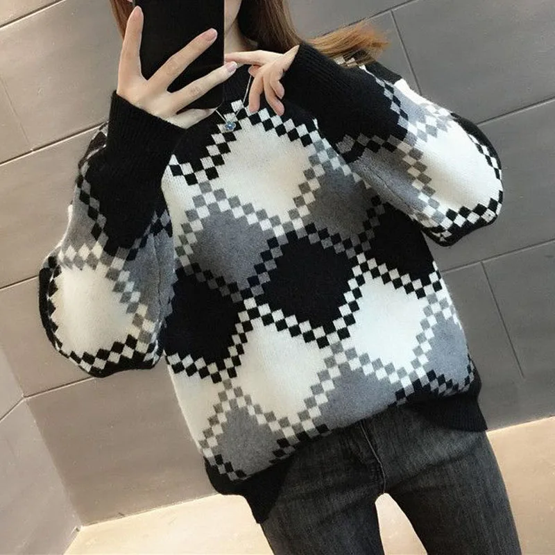 New Autumn/Winter Fashion Korean Edition Spliced Colored Round Neck Loose and Versatile Foreigner Women\'s Long Sleeve Sweater