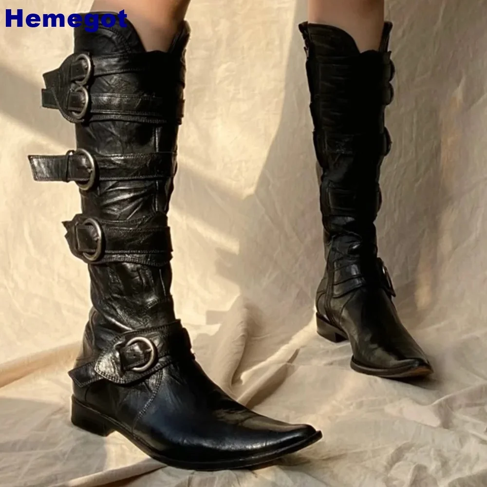 

Pointed Belt Buckle Knight Boots Autumn Thick Heel Retro Zip Mid-Calf Boot Black Casual Women Street Style Western Leather Boots