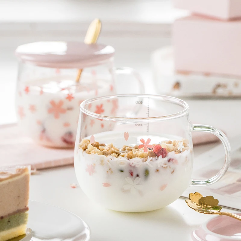 

400ml Sakura Glass Mug with Spoon&Ceramic Lid Transparent Cherry Blossoms Glass Coffee Mug Heat Resistant Tea Milk Cup Drinking