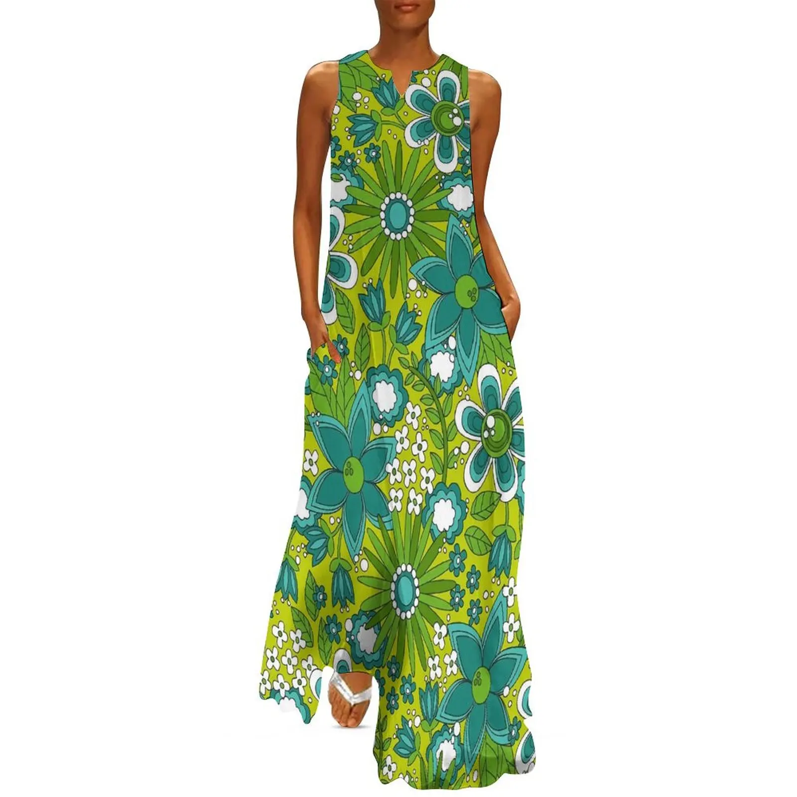 Blue Retro Flower Dress Peace Love Floral Trendy Maxi Dress Aesthetic Boho Beach Long Dresses Summer Sleeveless Clothing