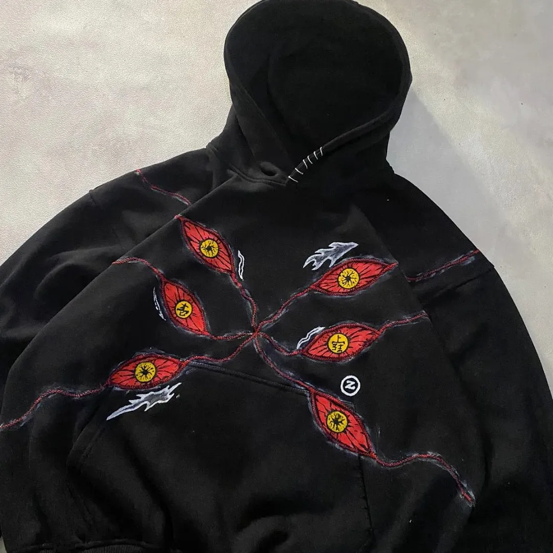 6 عيون Kokushibo تصميم هوديس كول فاسق البلوز Y2k الشارع الشهير المتضخم موضة عادية الأزواج أنيمي هوديي الرجال الملابس