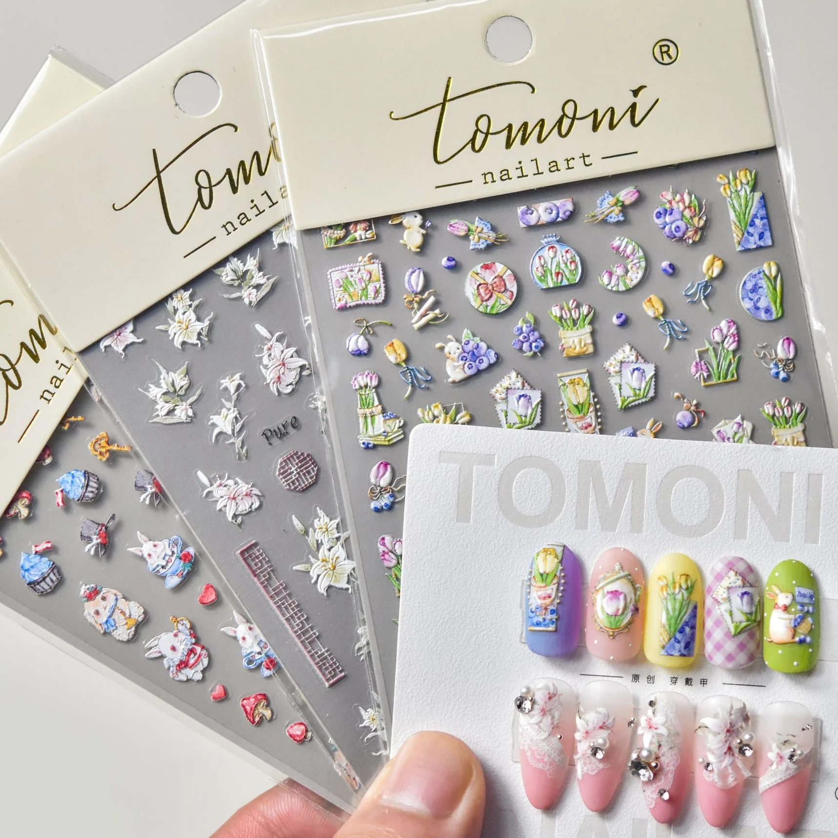 Colorful Tulips Cute Rabbit Blueberry Cartoon 5D Embossed Reliefs Self Adhesive Nail Art Stickers 3D Manicure Decals Wholesale