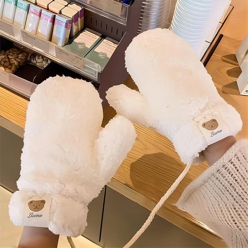 Cute Sweet Bear Plush Neck Hanging Super Soft Gloves Winter Cycling Warm Thickened Velvet Cotton Fingerless Gloves Comfortable