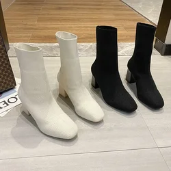 2024 Women Over The knee High Long Boots Block High Heels Short Ankle Knitted Boots Stripper Winter Warm Sock Stretch Sexy Shoes