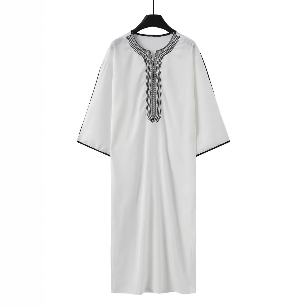 2025 Nuovo Musulmano Manica Corta Ricamato A Righe Marocchino Arabo Stile Etnico Abito da Uomo Ramadan Dubai Lusso Islam Elegante