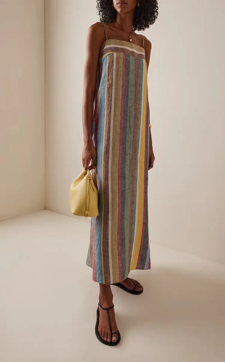 カジュアルストライププリントマキシドレス 2025 レディース セクシーストラップ バックレス ボヘミアンロングドレス エレガントサマースラッシュネックミディサンドレス