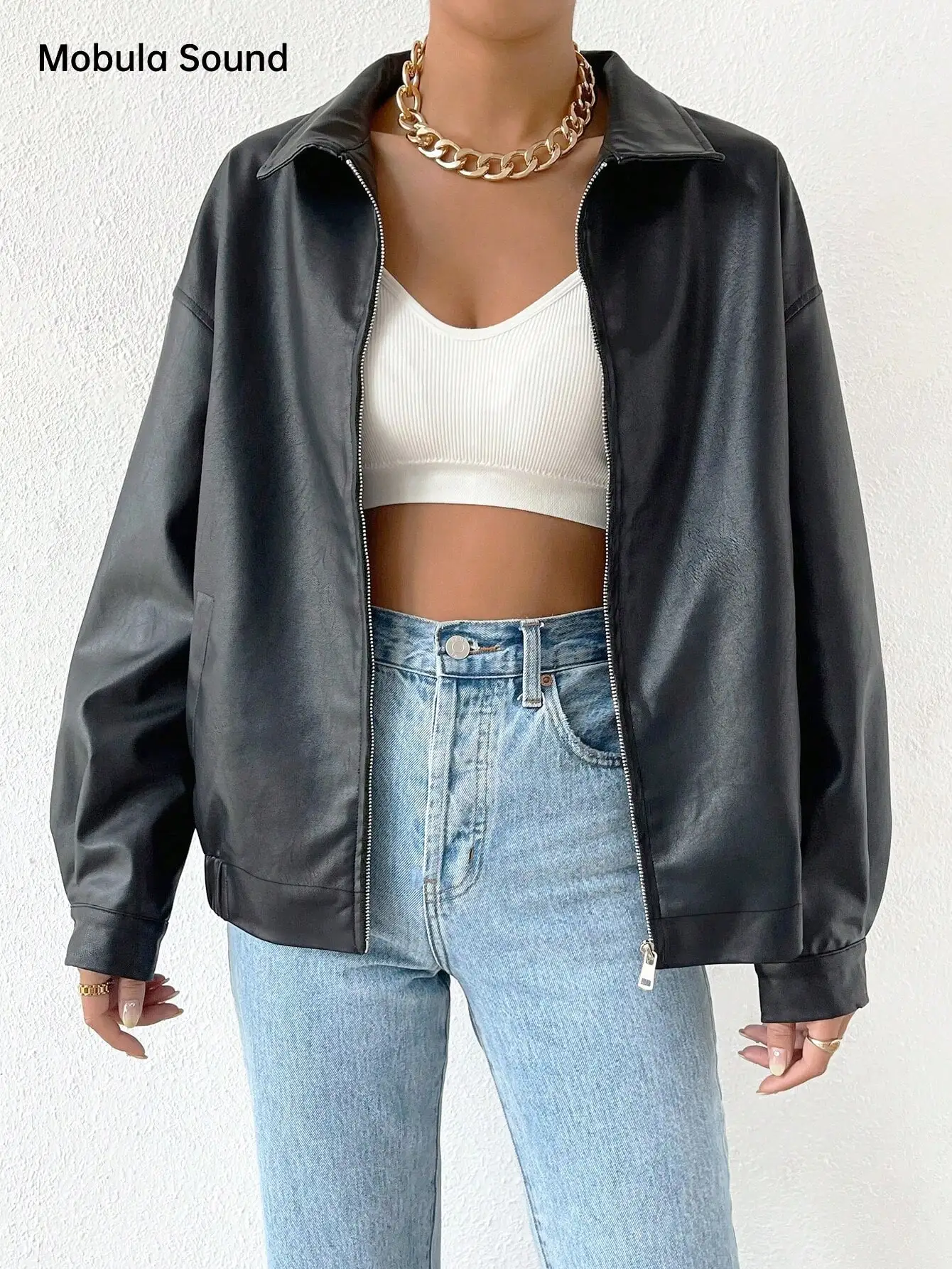 

Черная женская куртка из искусственной кожи на молнии, свободного кроя, для повседневной носки весной и летом