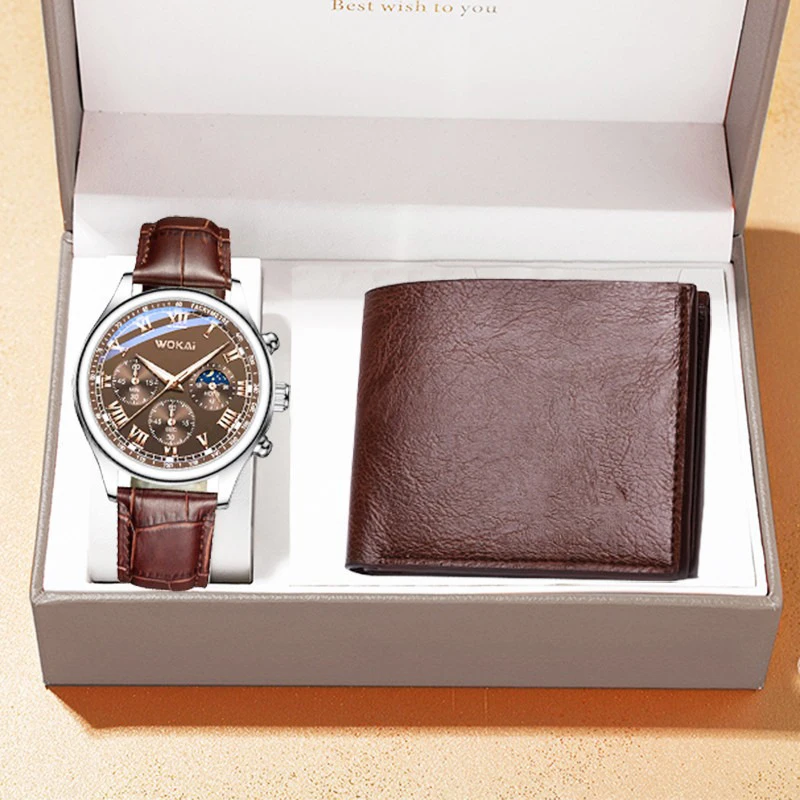 Men's 2PCS Watch Wallet Set Leather Wallet And Fashion Leather Quartz Watch