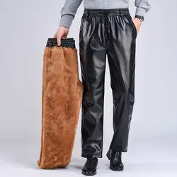 Men Pants Fashion Men Faux Leather Black Motorcycle Riding Winter Waterproof Brushed Thicken Warm Windproof Old Men Trousers