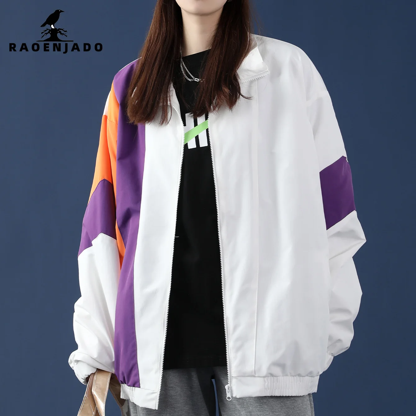 Women's Stand-up Collar Zipper Jacket Spring&Autumn Loose-Fit Coat Casual Patchwork Color-Block Breathable Mesh Lining Outerwear
