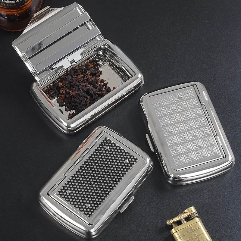 Caja de almacenamiento de lata de tabaco de Metal, contenedor de acero inoxidable para cigarrillos enrollados a mano con soporte para papel de liar, regalo para hombres