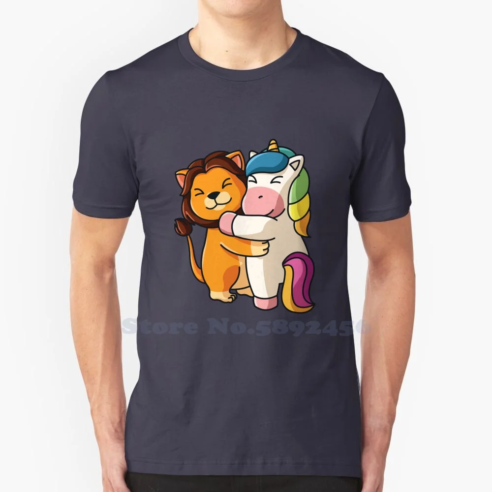 Lion Hugging Unicorn Hug Cuddle Animals 100% Pure Cotton T-Shirt Lion Hugging Unicorn Cute Zoo Animals Fighting For Fun Sibling