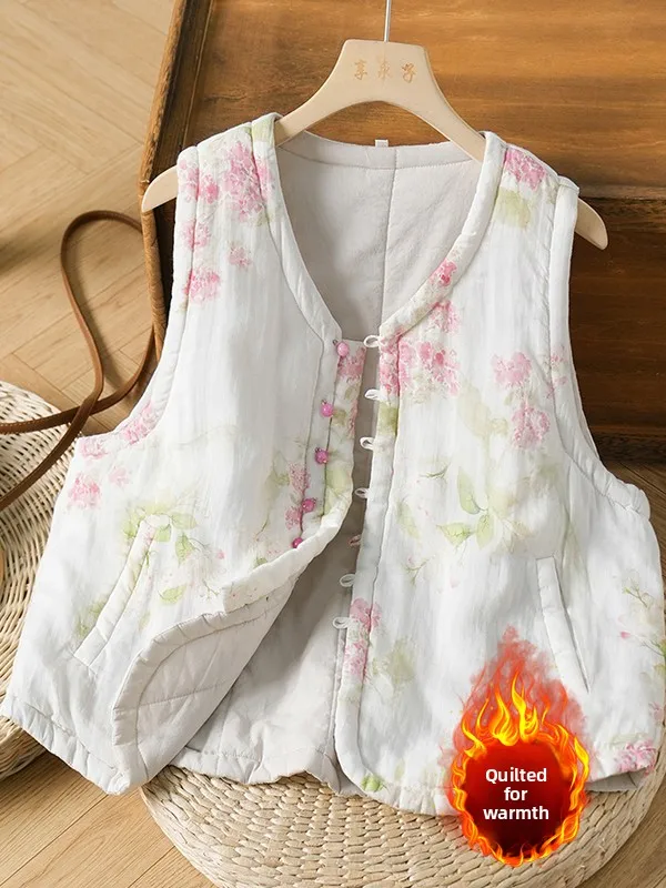 Thiened Retro Künstlerisch Bedruckte Baumwollweste Große Größe Damen Wärme Svel Jaet mit schrägem Kette Freizeitkleidung