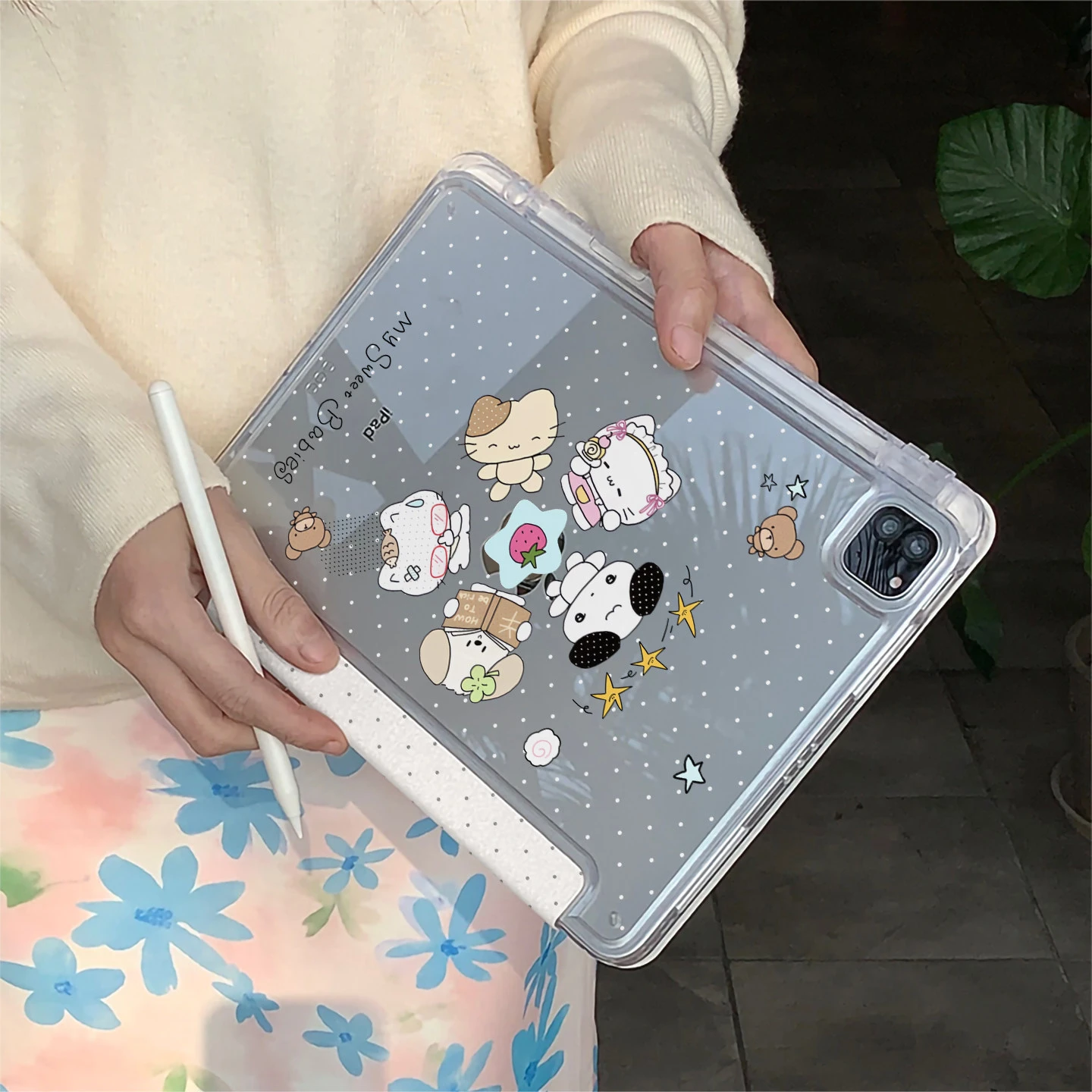 Cute Strawberry Cat Dog Y2K Y-Fold Tablet Case For iPad Pro 11 12.9 13 A16 M2 M4 M3 M5 5/6/7/8/9/10/11th Mini Air 3 4 5 6 Cover