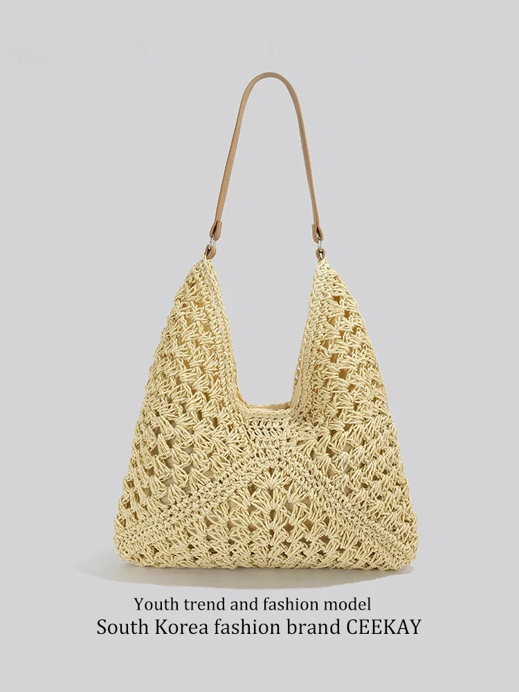 Ceekay Large Capacity Woven Shoulder Tote Bag Casual Summer Beach Vacation Bag Underarm Bag for Women Soft Grass Basket Bag