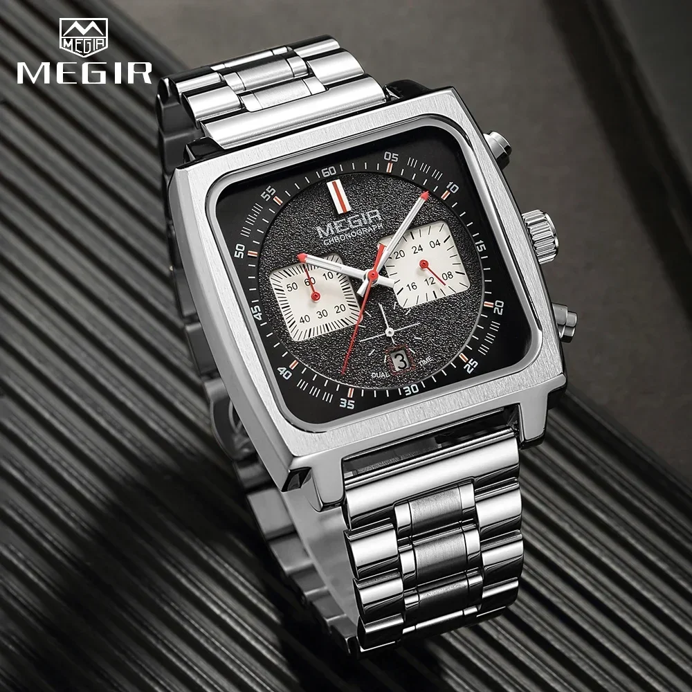 MEGIR Herren-Armbanduhr aus Edelstahl, Quarzuhr, Business-Chronograph, Winkel-Armbanduhr für Herren, wasserdicht, leuchtend, mit Datum, 24 Stunden