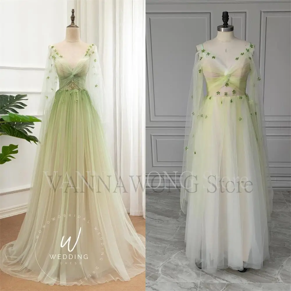 Vestido de fiesta verde con purpurina, vestido de fiesta de ensueño, manga larga, vestido de graduación, vestido de novia con escote en V profundo, elegante vestido de noche, n. ° 14678