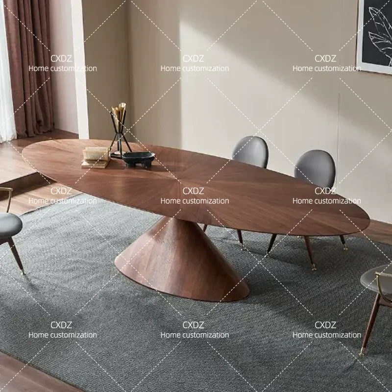 Italian Minimalist Walnut Dining Table and Chairs Set Oval Shape for Villa Modern Art Style Furniture