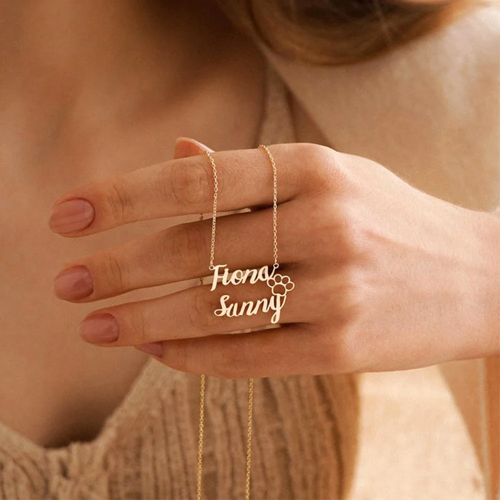 

Custom Dog Paw Two Name Necklaces For Women Men Stainless Steel Customized Necklace Pendant Personalized Neck Chain Jewelry Gift