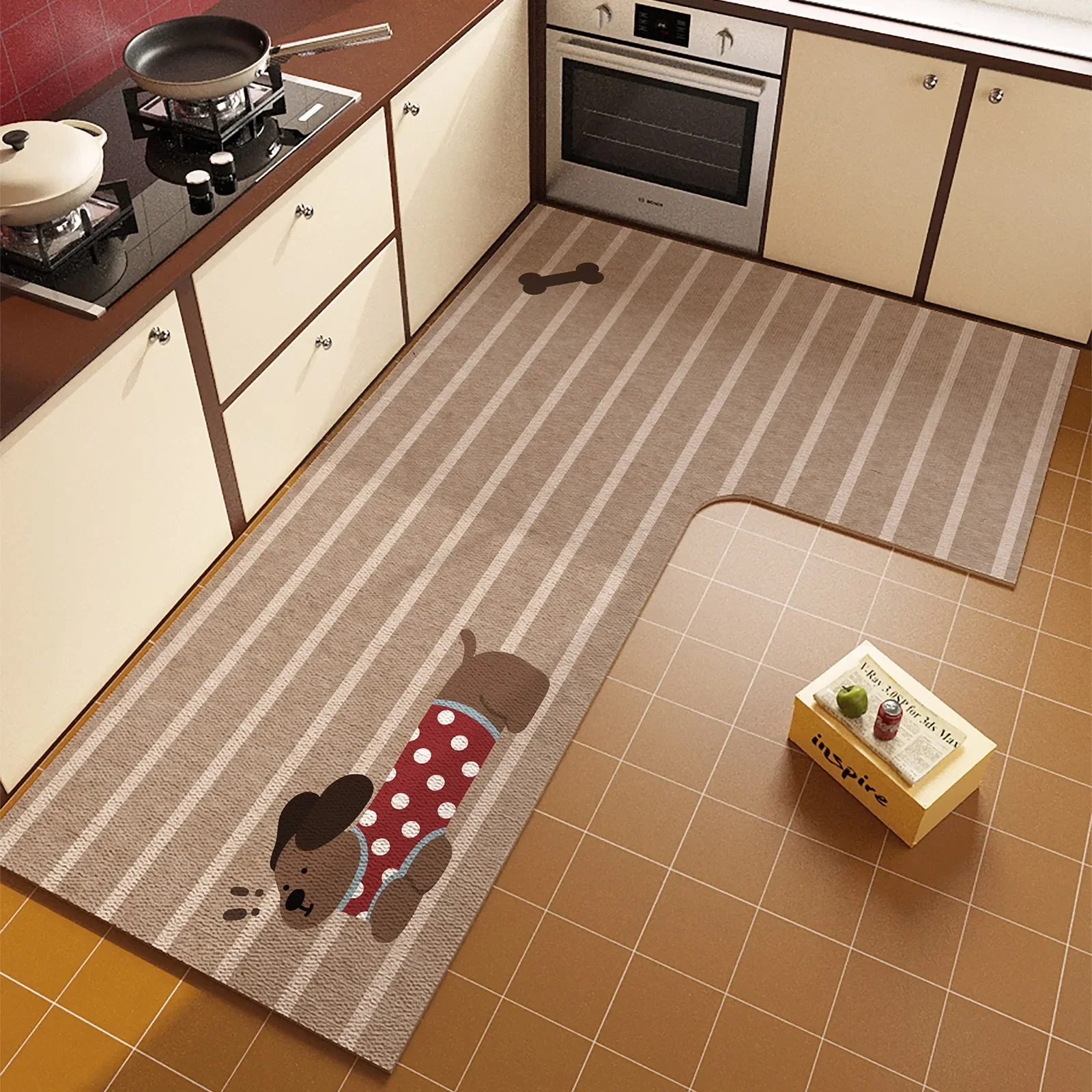 

Floor Mat for Kitchen Non-slip Waterproof Oil-proof Carpet Cute Paw Pattern Leather Rug L-shaped Home Decoration Mats 주방 바닥 매트