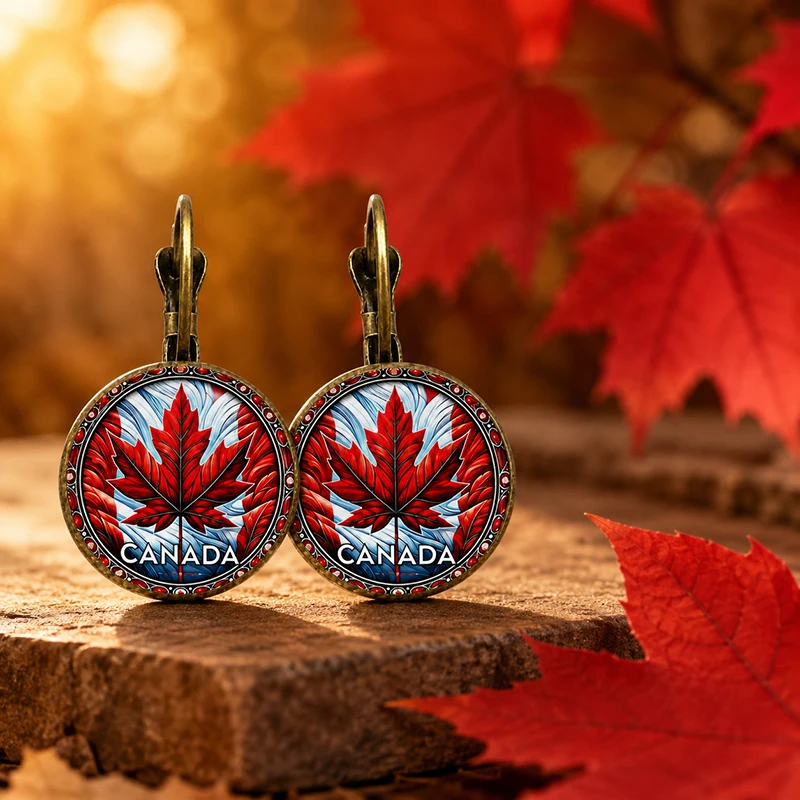 Retro Canadian Maple Leaf Glass Bronze Plated Leverback Earrings Patriotic Jewelry For Women Girls And Travelers Souvenir Gift