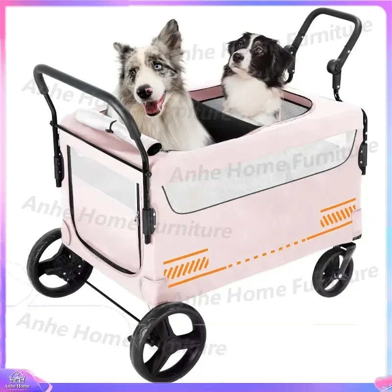 Heavy Duty Folding Pet Stroller Double Handle Two Way Push Cart Large Capacity Dog Cat Carrier Trolley Portable Travel Wagon