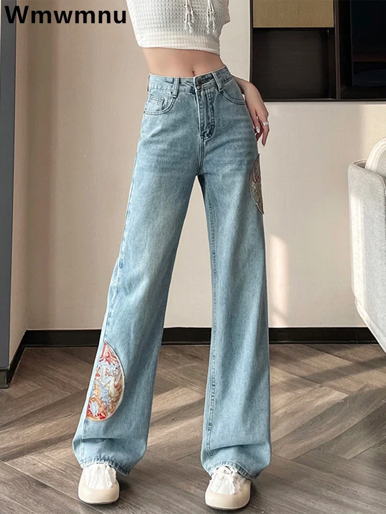 Vintage Embroidered Straight Jeans New Chinese Style Casual Loose Denim Pants Women High Waist Vaqueros Streetwear Kot Pantolon