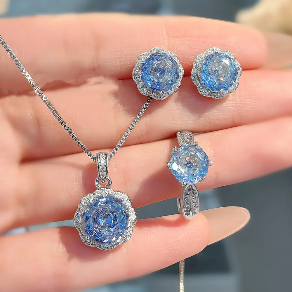 High Grade Luxury Sky Blue Topaz Gemstones Diamonds Rose Flower Jewelry Sets for Women Dinner Party Accessories Birthday Gifts