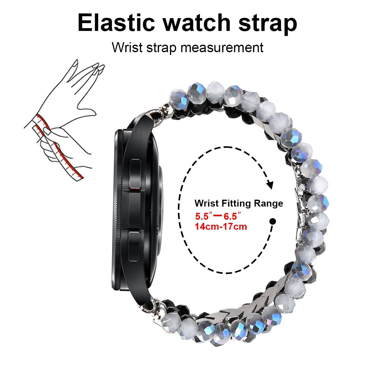 Für Samsung Galaxy Watch 6/5/4 40/44 mm Bänder/Active 2 Watch 4 42/46 mm Band Damen, 20 mm handgefertigte modische elastische Kristallperlen – Detail 3