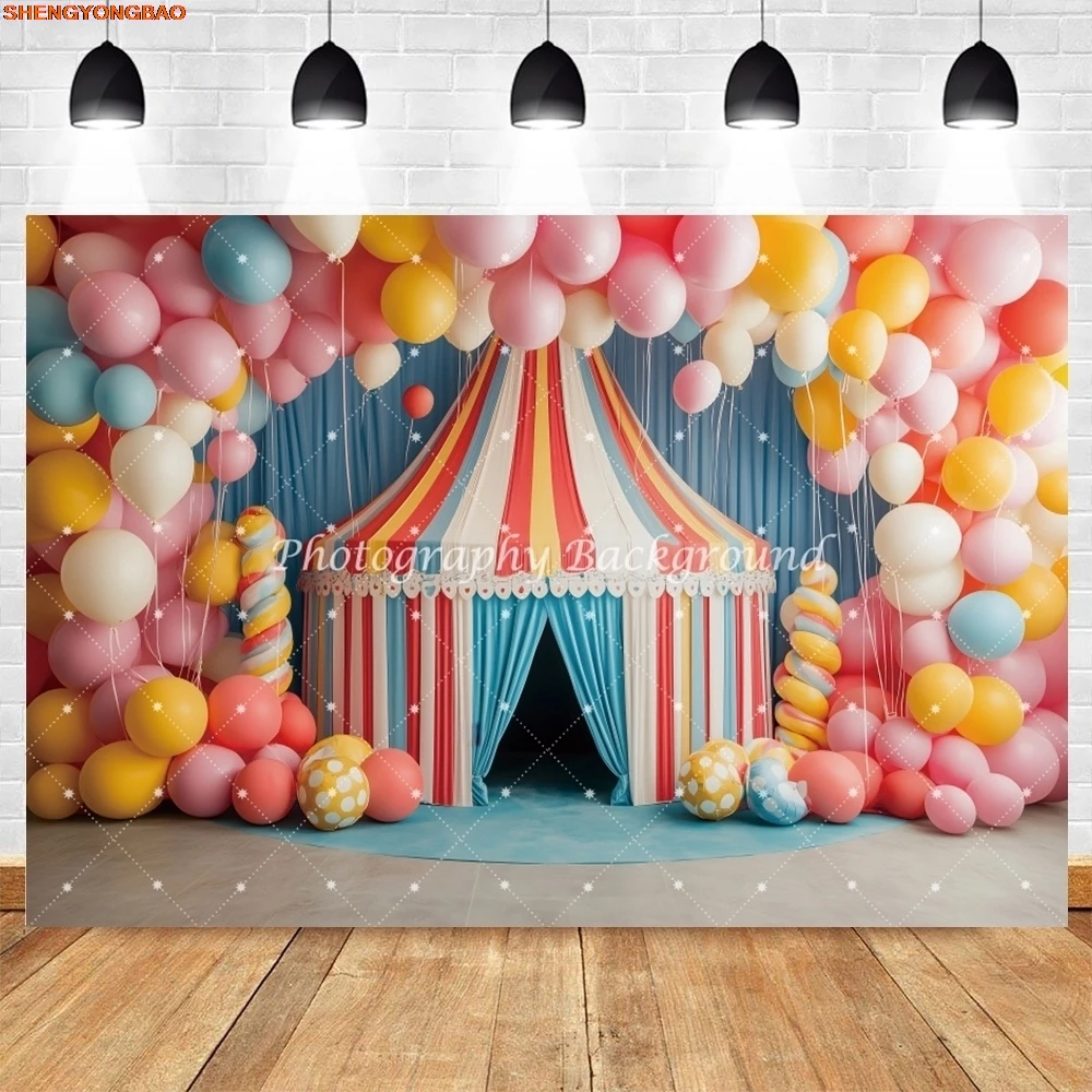 Ballons d'arrière-plan de cirque, tente, réception-cadeau pour bébé, nouveau-né, fête de 1er anniversaire, Portrait d'enfants, arrière-plan de photographie, Studio Photo