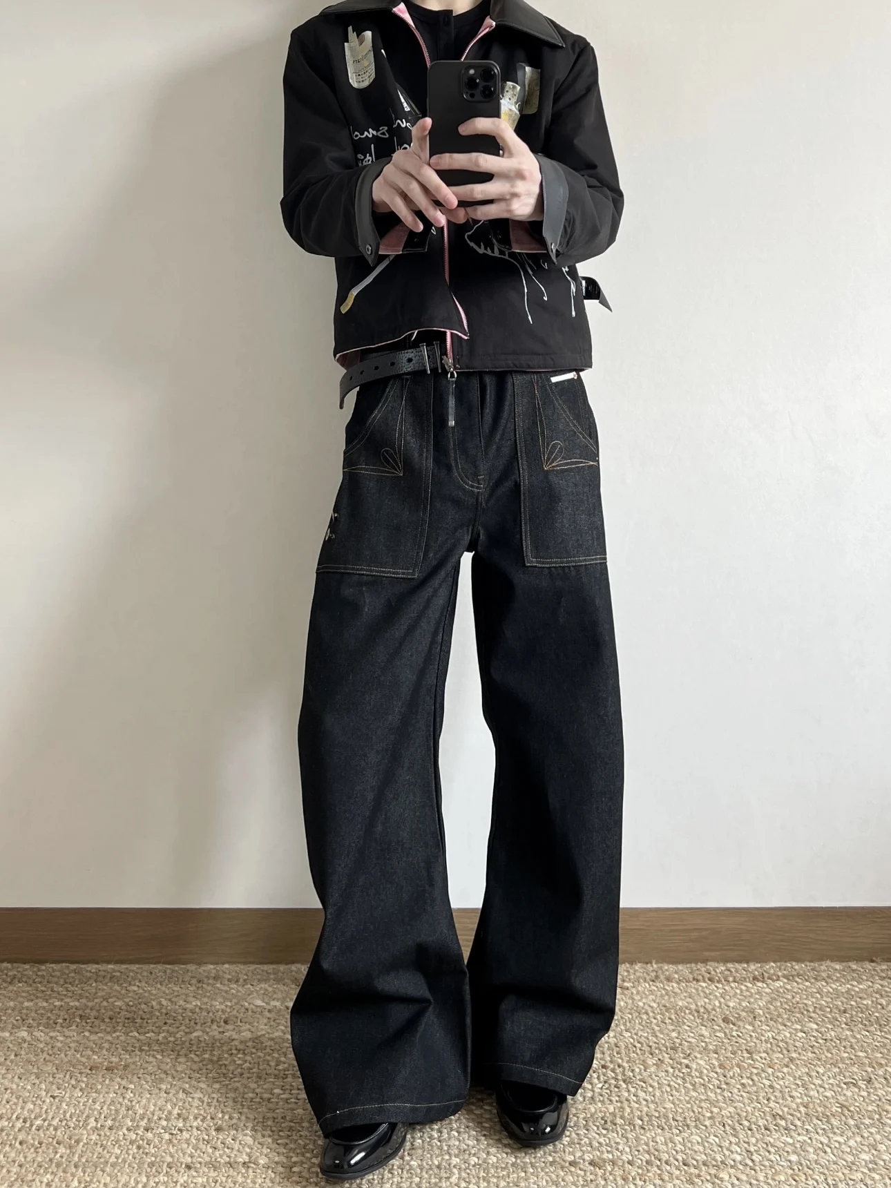 

American Sle Button Design Embroidery Casual Loose Wide Leg Jeans for Men Knife Jeans Autumn Polyester Fiber